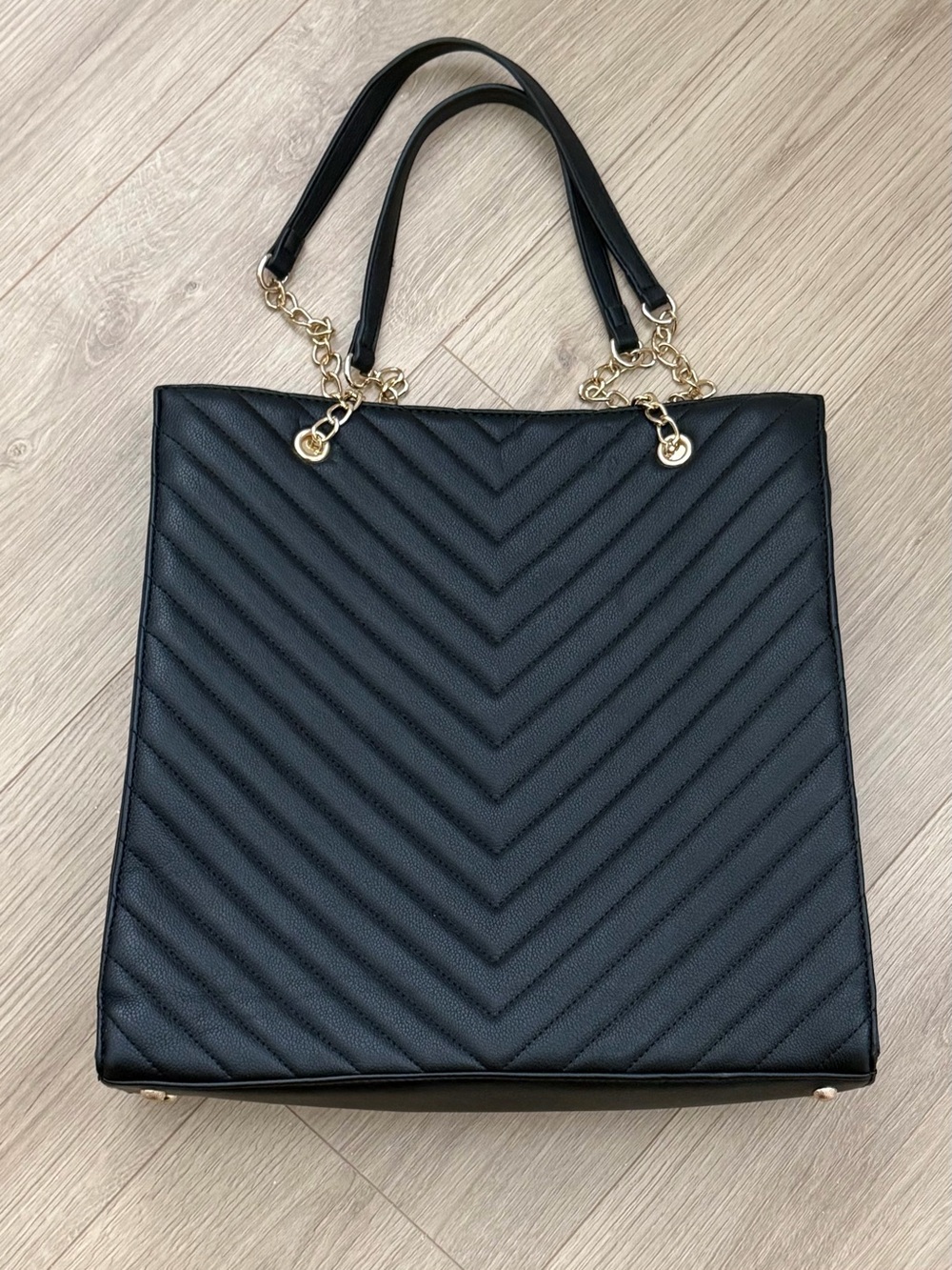 Black Chevron Quilted Tote Bag with Gold Chain Handles